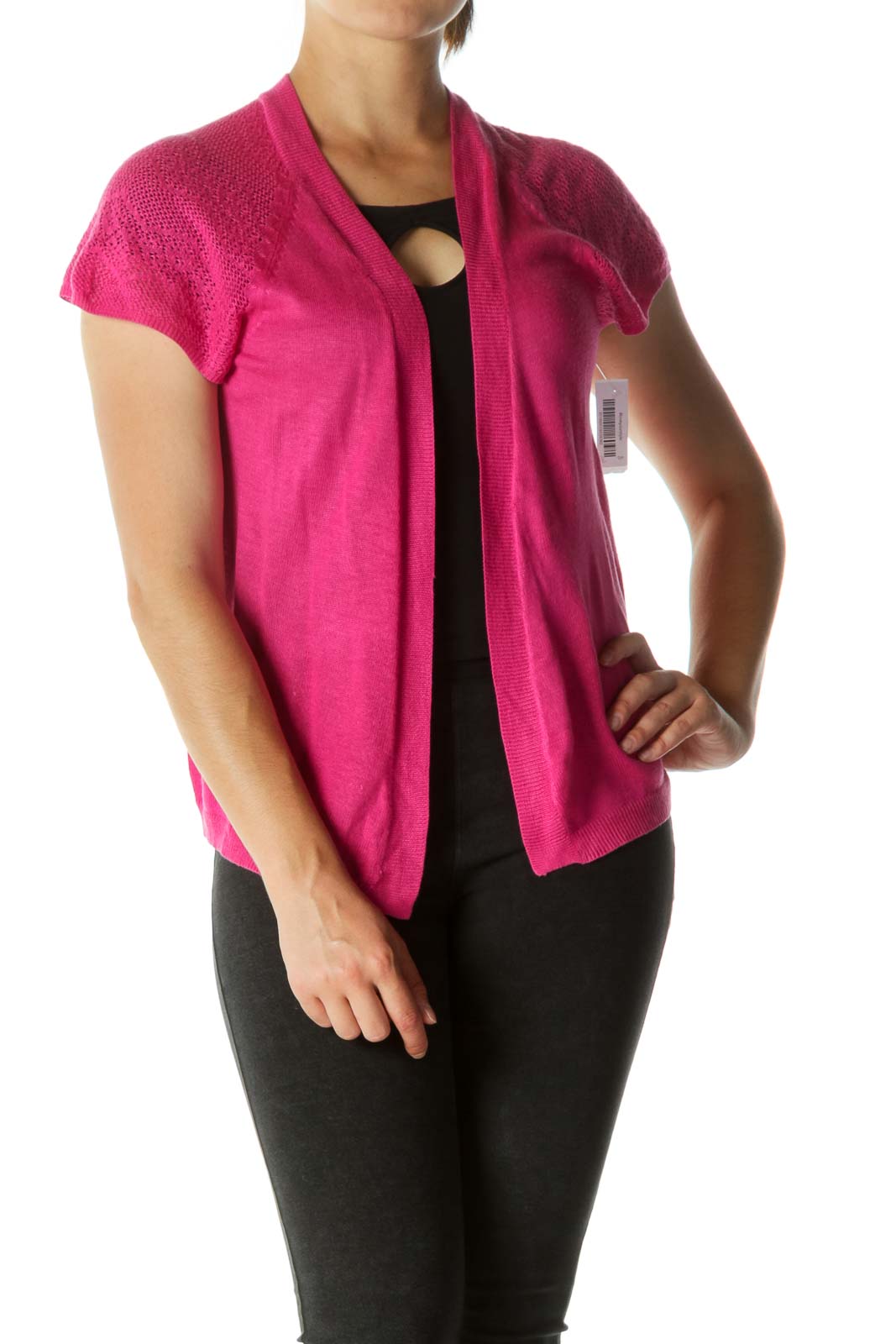 Pink Open Knit Cardigan Front