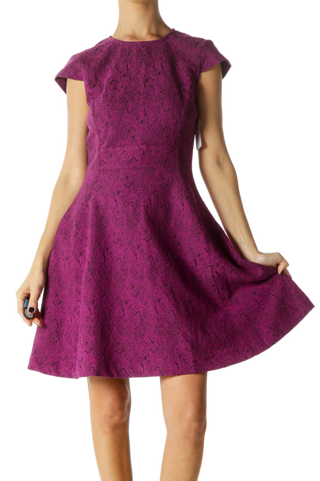 Purple Lace Patterned Zippered Sheath Dress Front