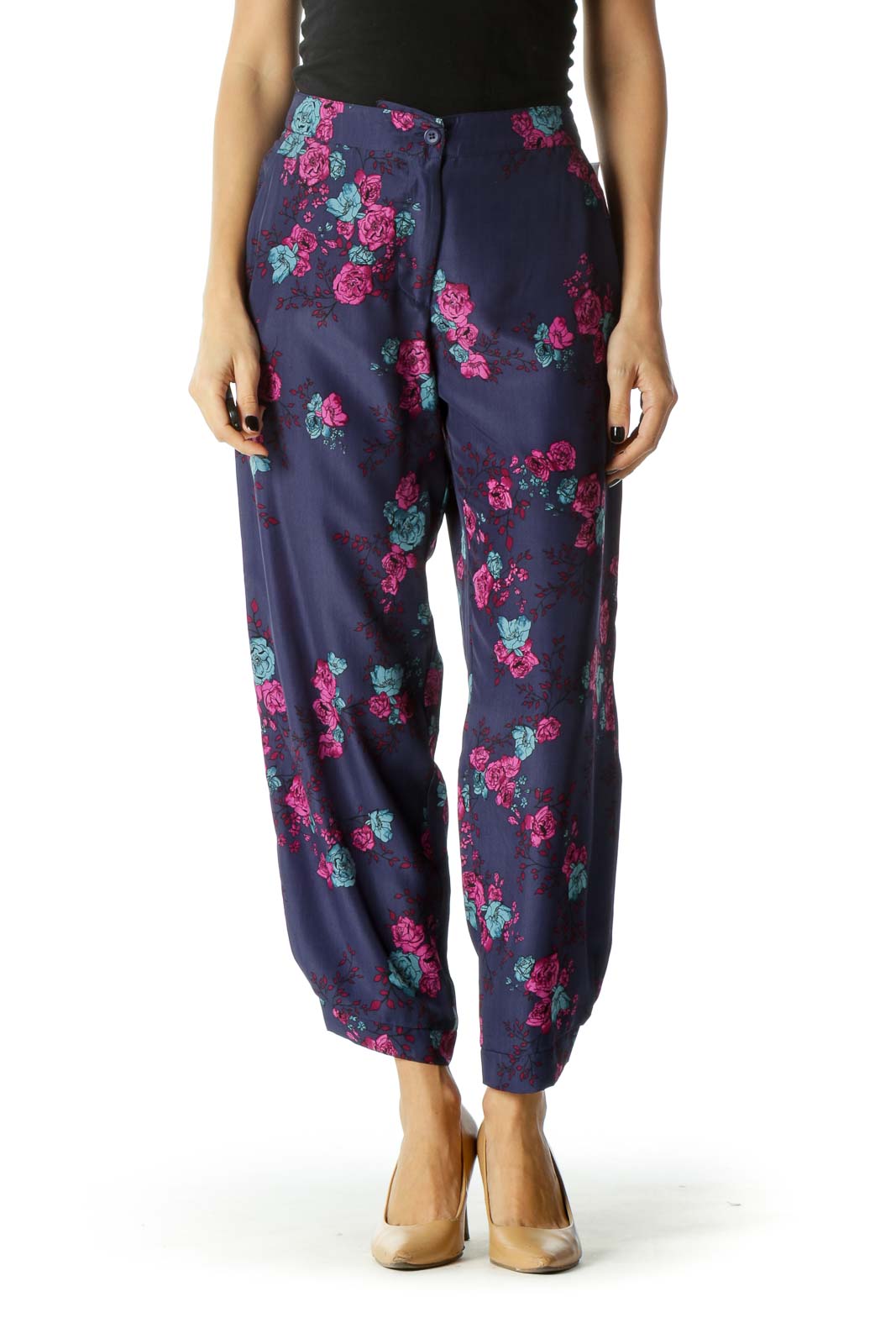 Navy Pocketed Floral Print Tapered Pants Front
