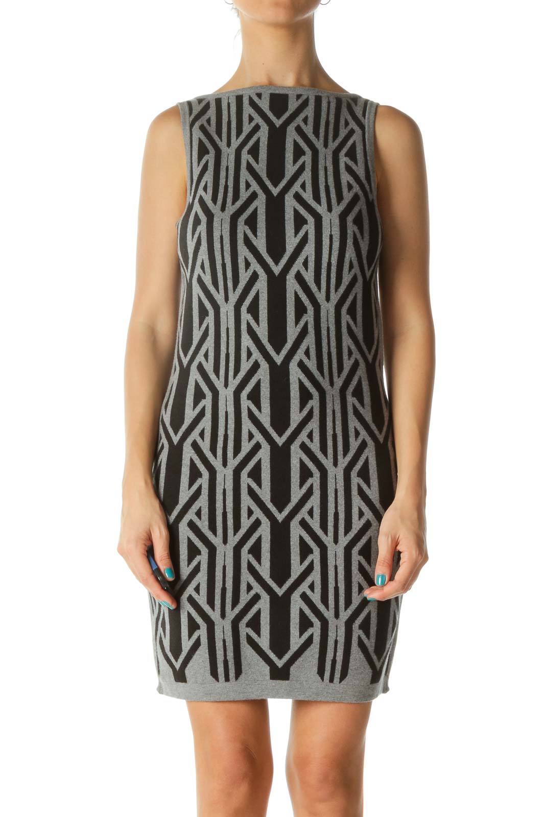 Black & Gray Tribal Print Sleeveless Knit Dress Front