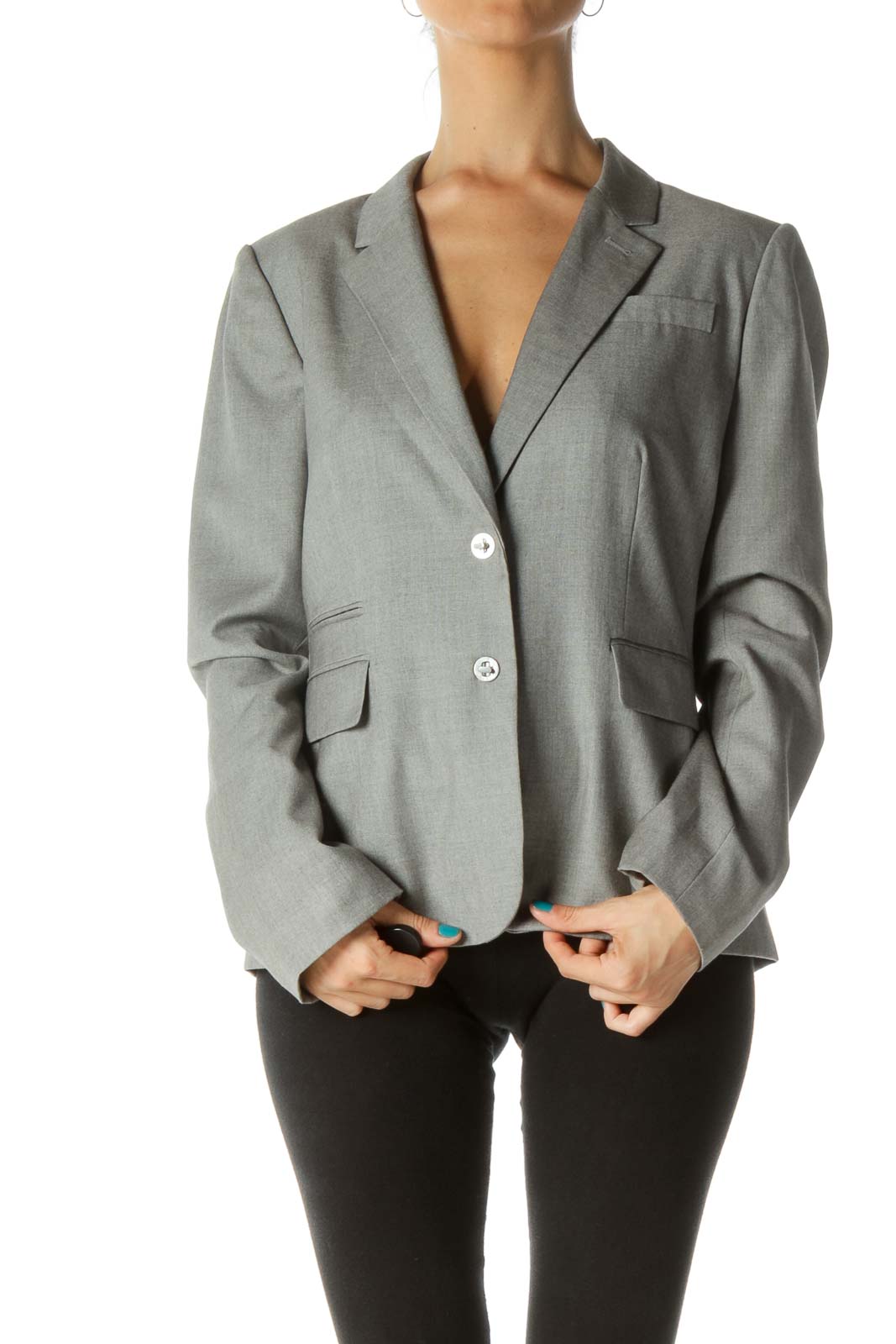 Gray Pocketed Clasp Buttoned Suit Jacket Front