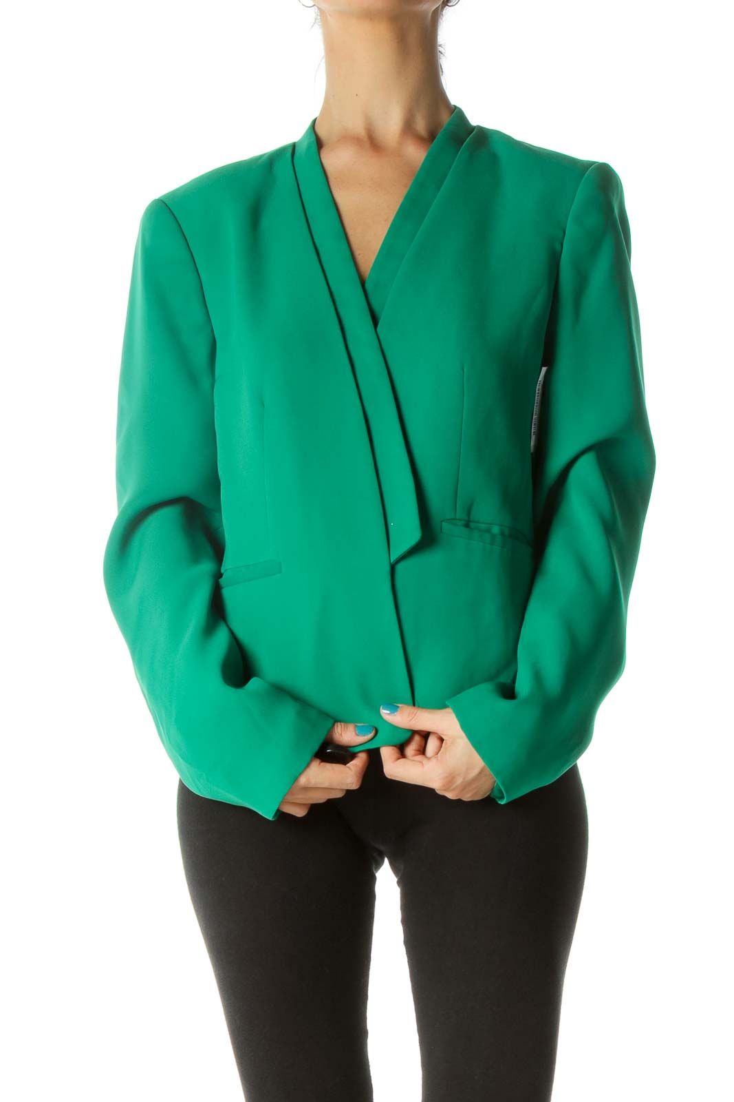 Green Shawl Collar Pocketed Suit Jacket Front