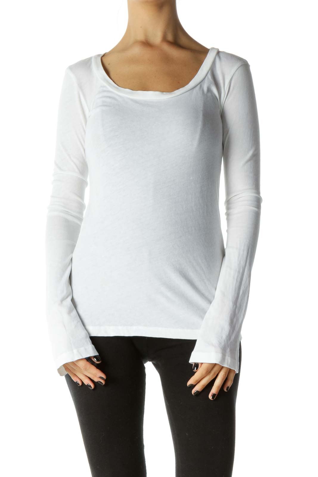 White Round Neck Long Sleeve T-Shirt Front