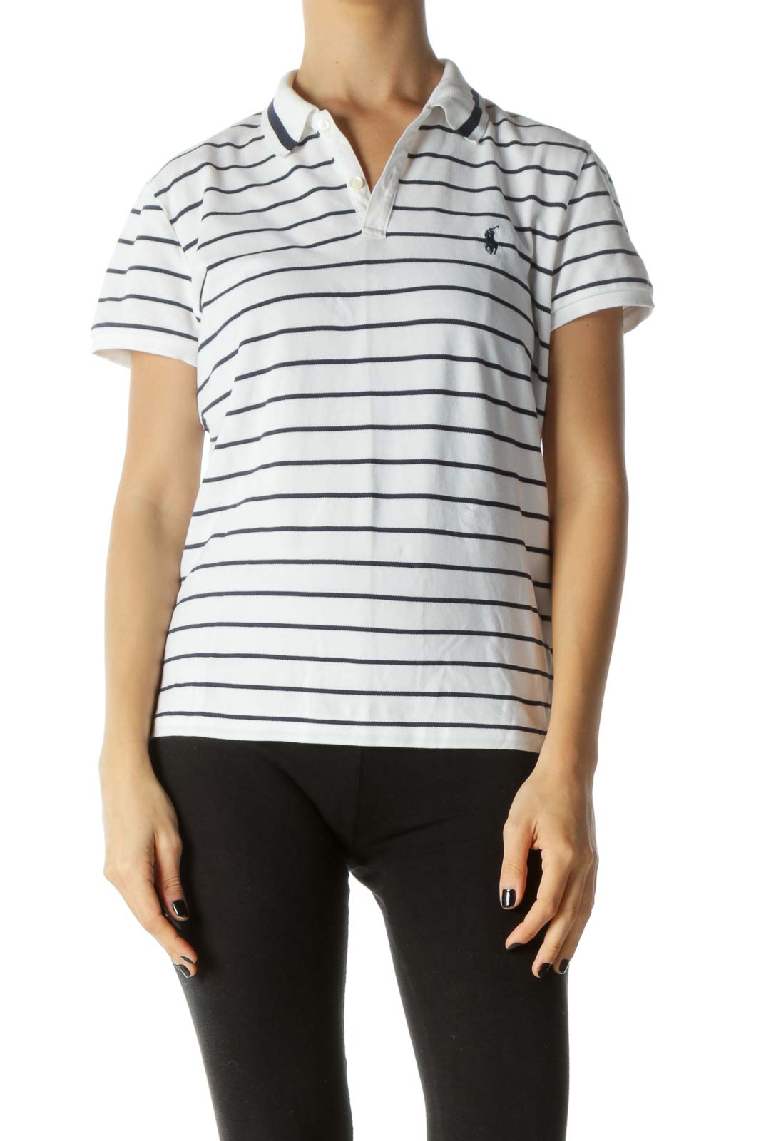 White and Blue Stripped Short Sleve Polo Shirt Front