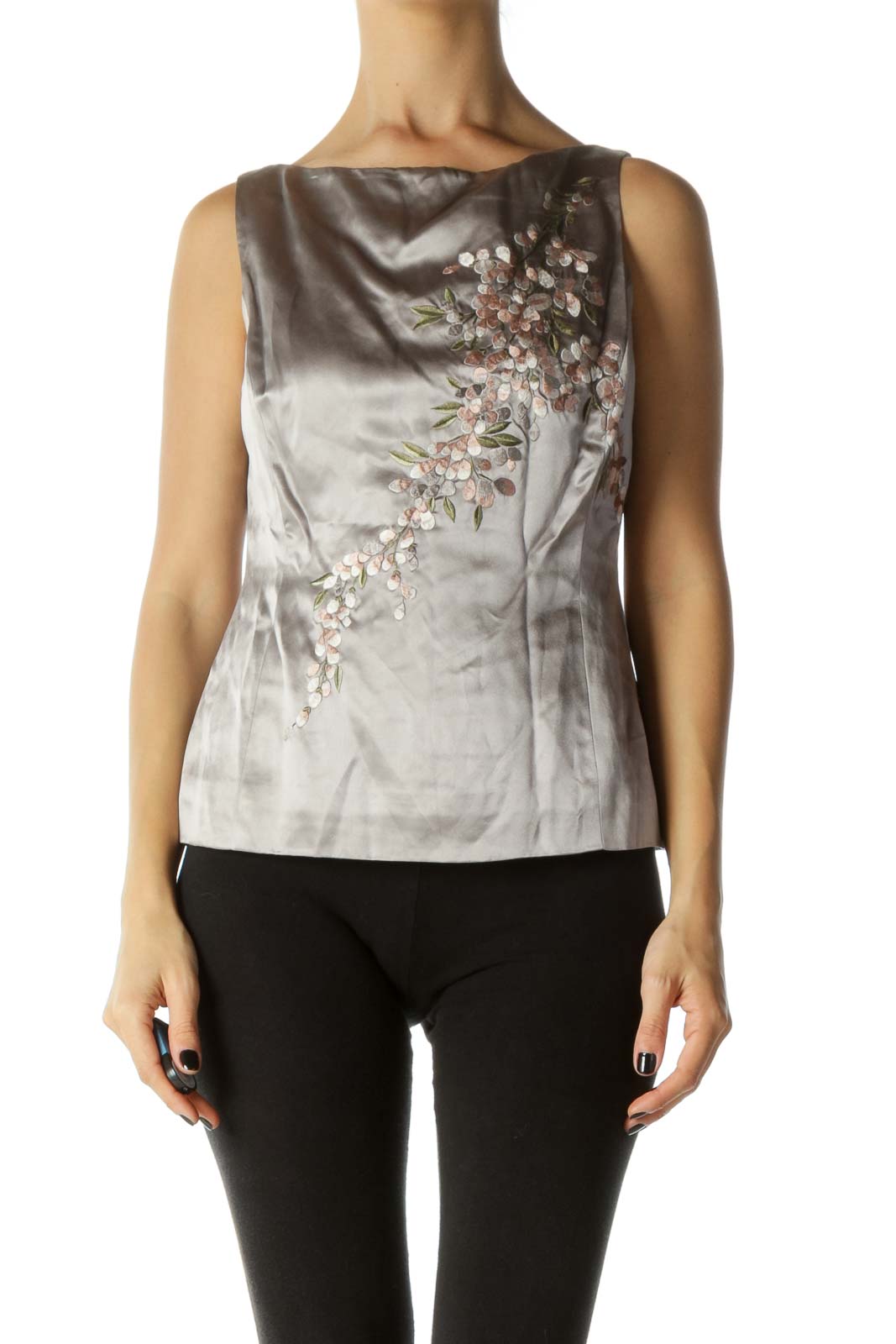 Beige and Pink Floral Embroidered Square Neck Tank Blouse Front