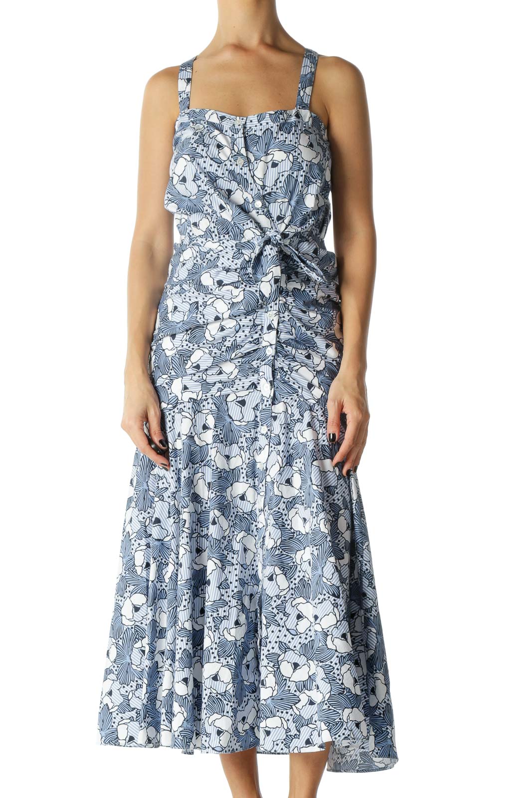 Blue and White Floral , Polka-Dot, and Stiped Print Spaghetti Strap Maxi Dress Front