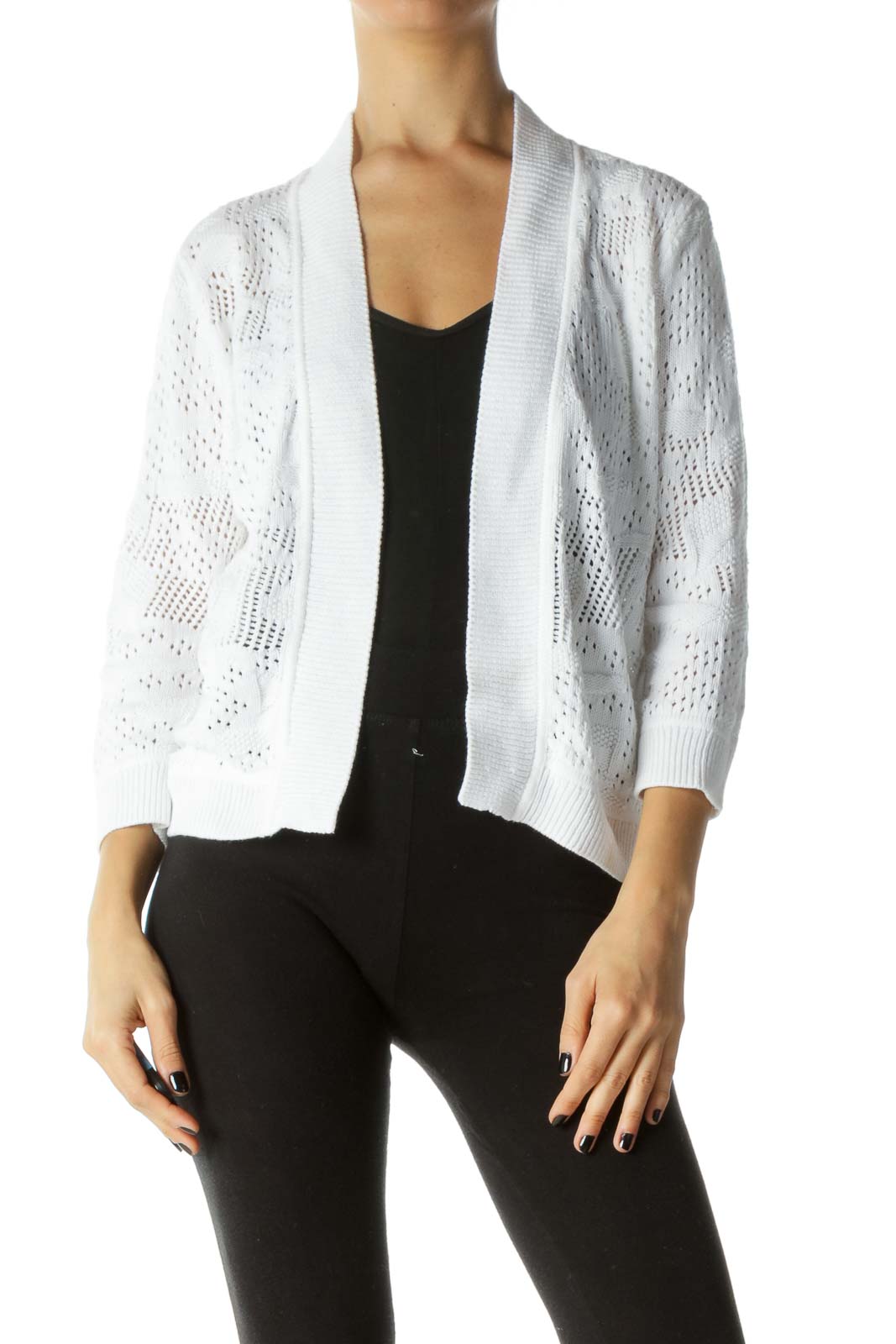 White Knit Long Sleeve Cardigan Front