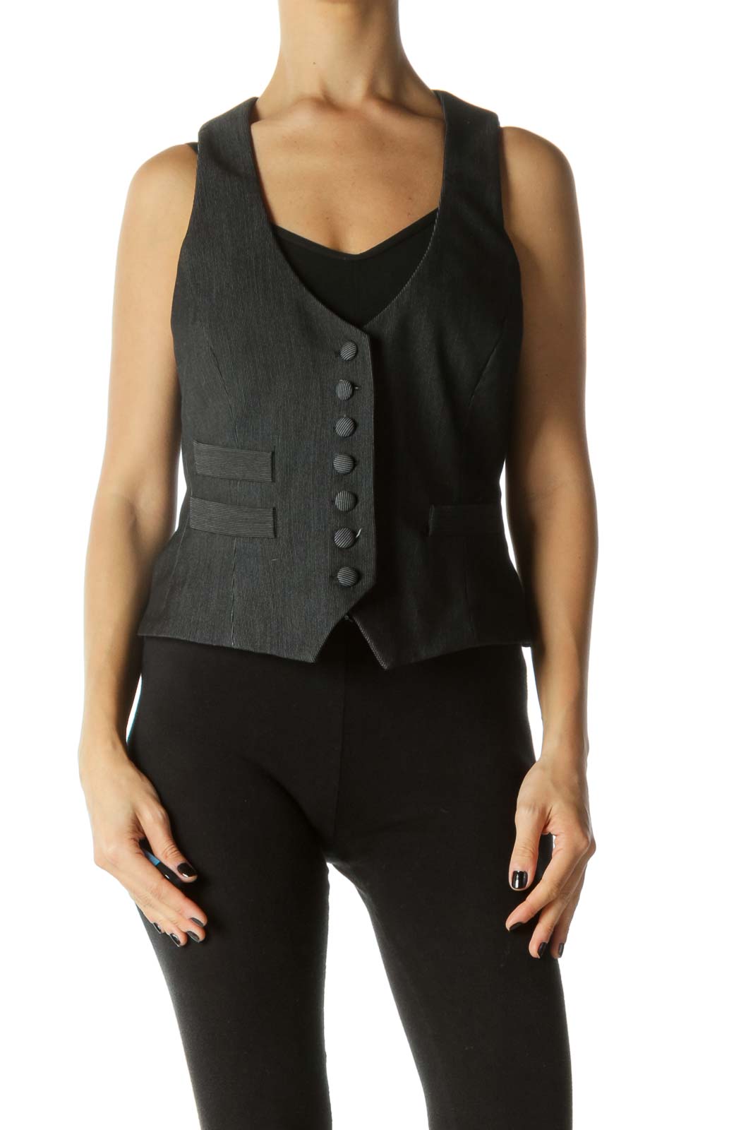 Black Pinstriped Adjustable Strap Vest Front