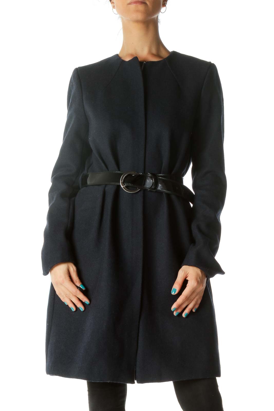 Navy Padded Coat with Belt Front