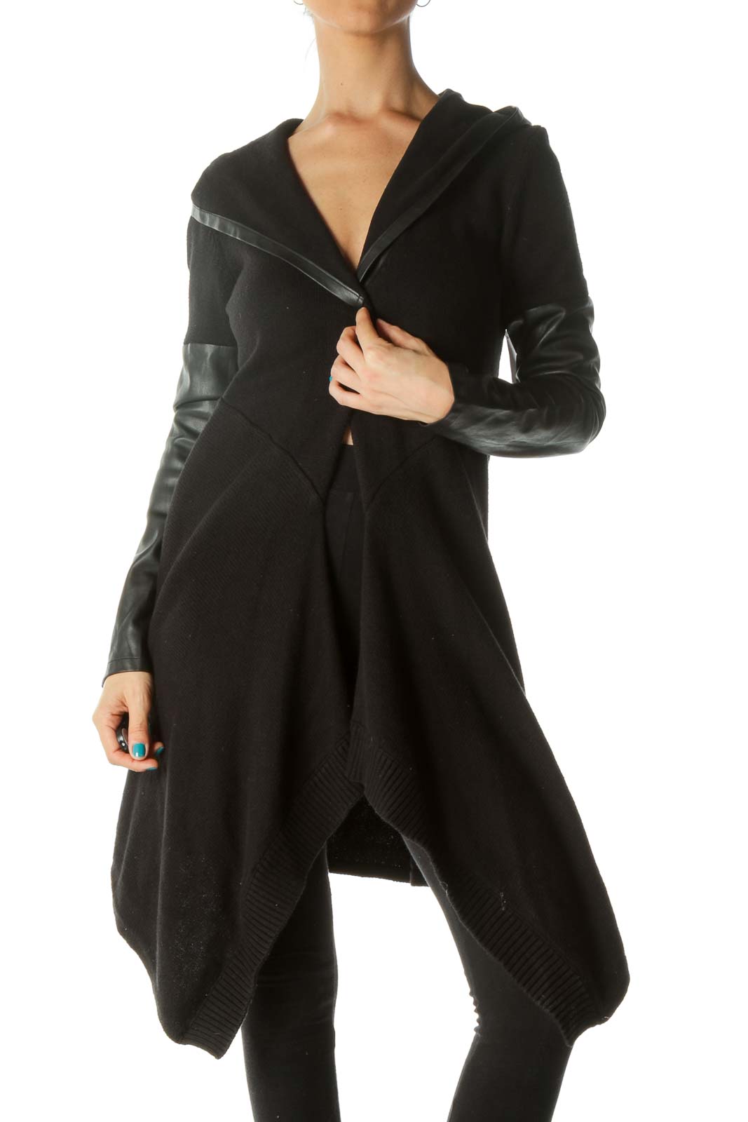 Black Faux Leather Hooded Cardigan Front