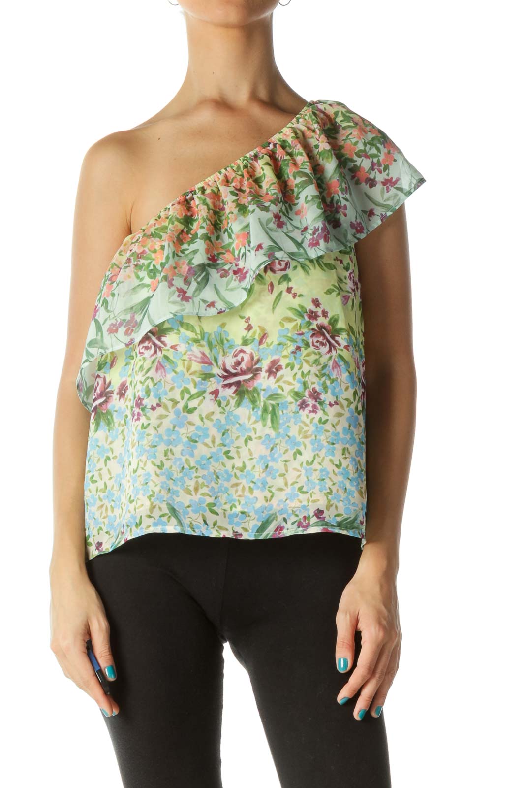 Multicolor Ruffled One-Shoulder Blouse Front