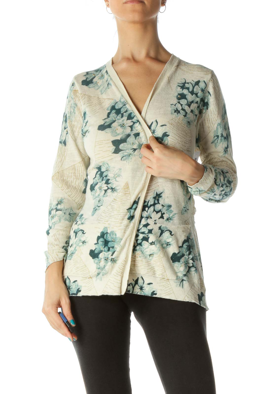 Green Beige Gold-Textured Back Detail Pocketed Cardigan Front
