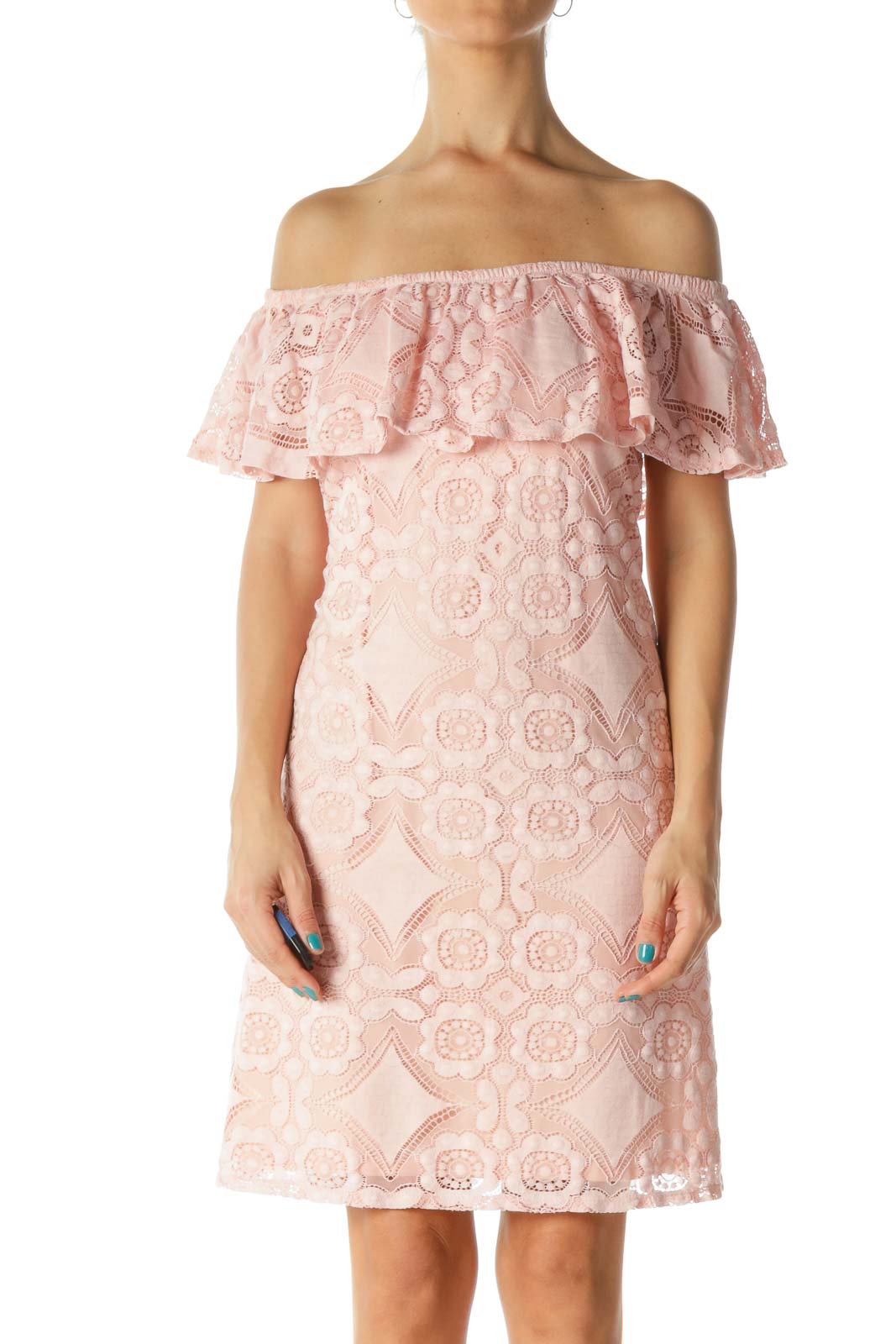Pink Off-Shoulder Lace Dress Front