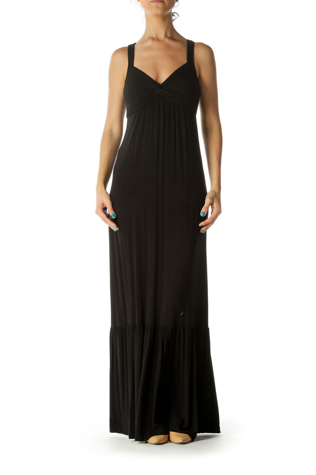 Black Flared Stretch Maxi Dress Front