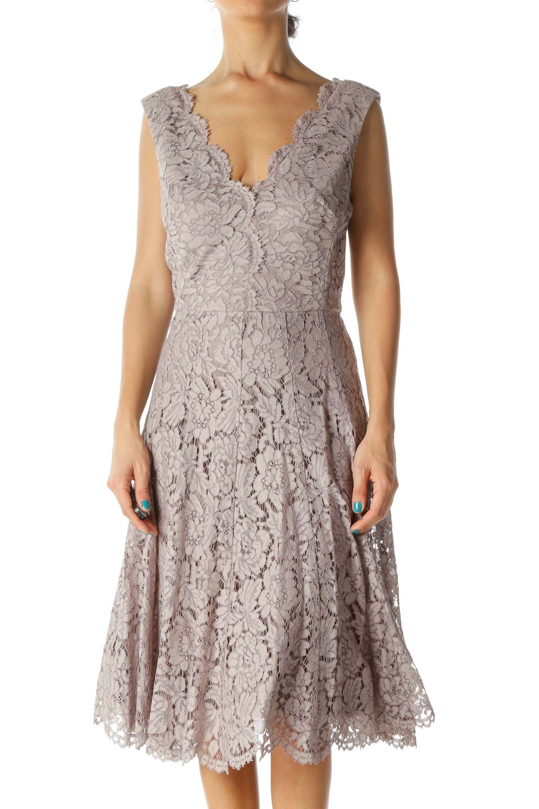 Light Purple V-Neck Lace Flared Dress Front