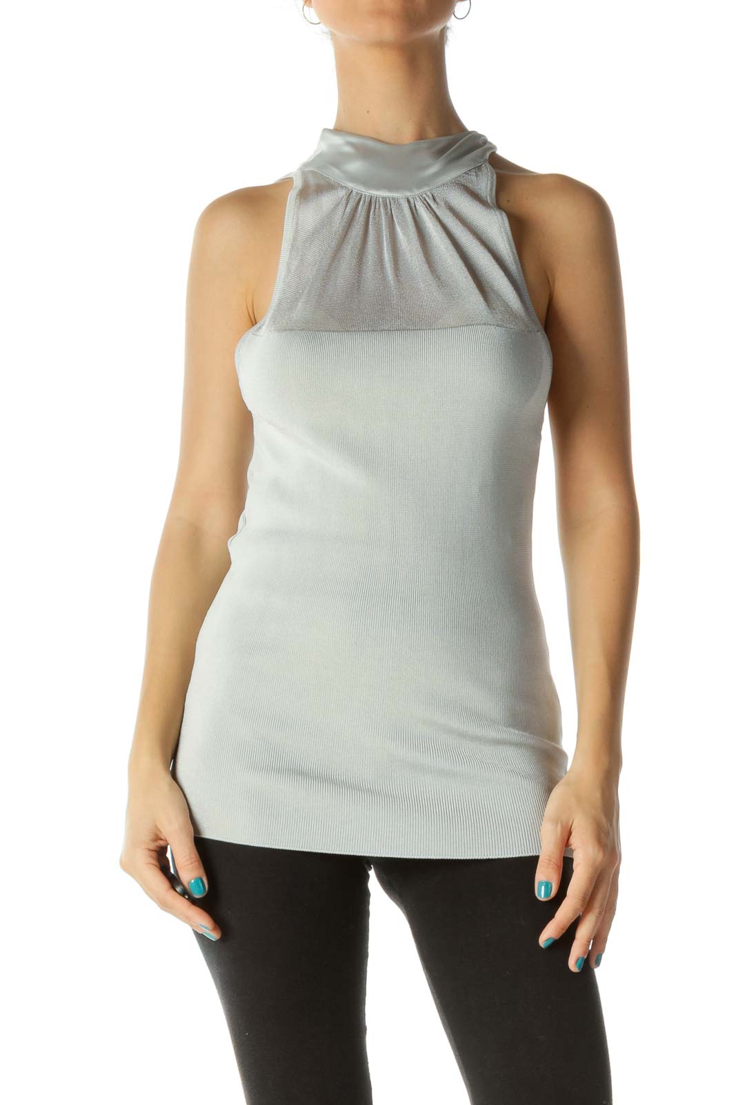 Silver Knit Mixed Media Neck Knot Top Front