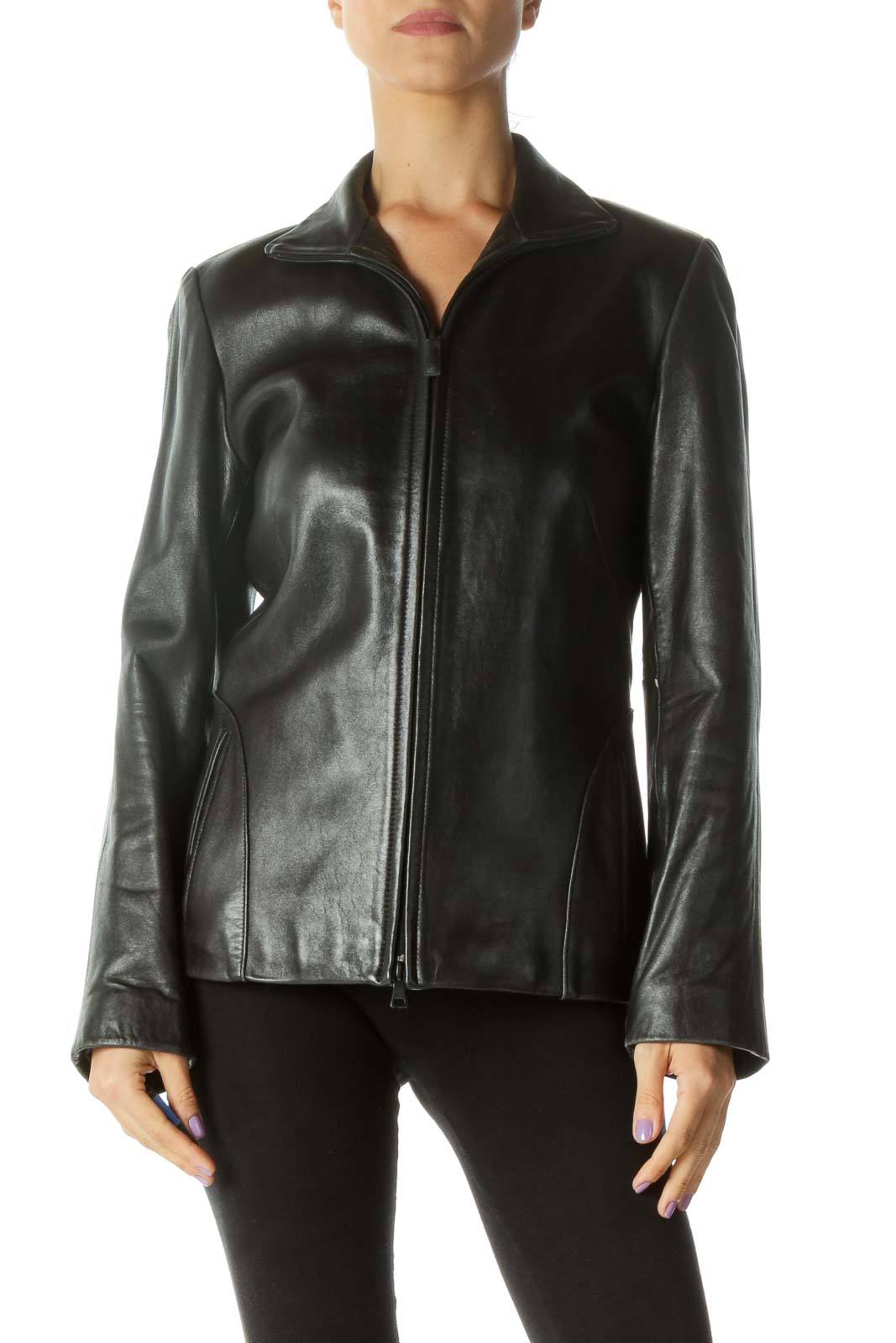 Black Leather Zip Up Coat Front