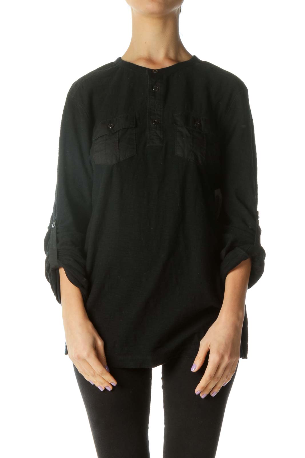 Black Pocketed Long Sleeve Shirt Front