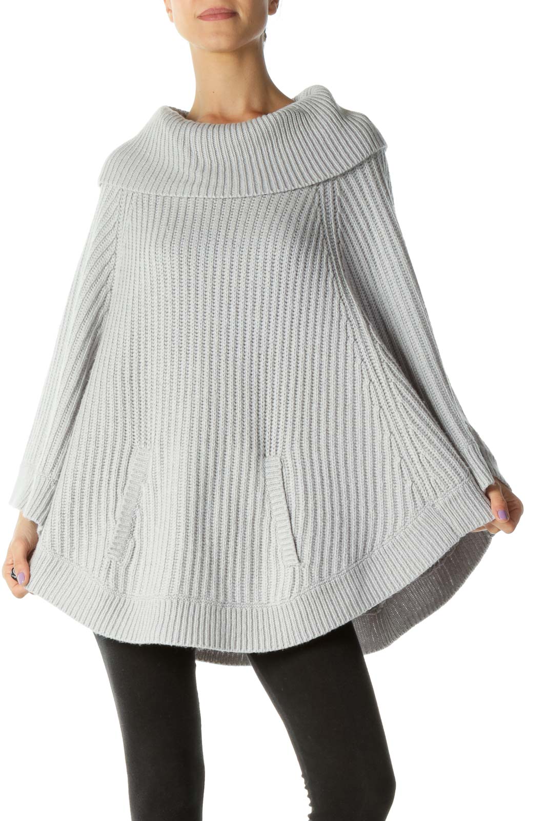 Gray Knit Cowl Neck Poncho  Front