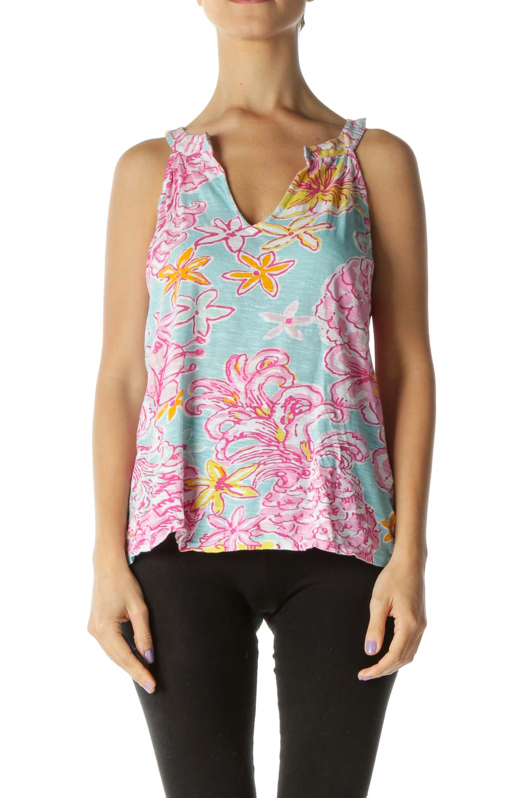 Blue and Pink Multicolor Floral Print Tank Top Front