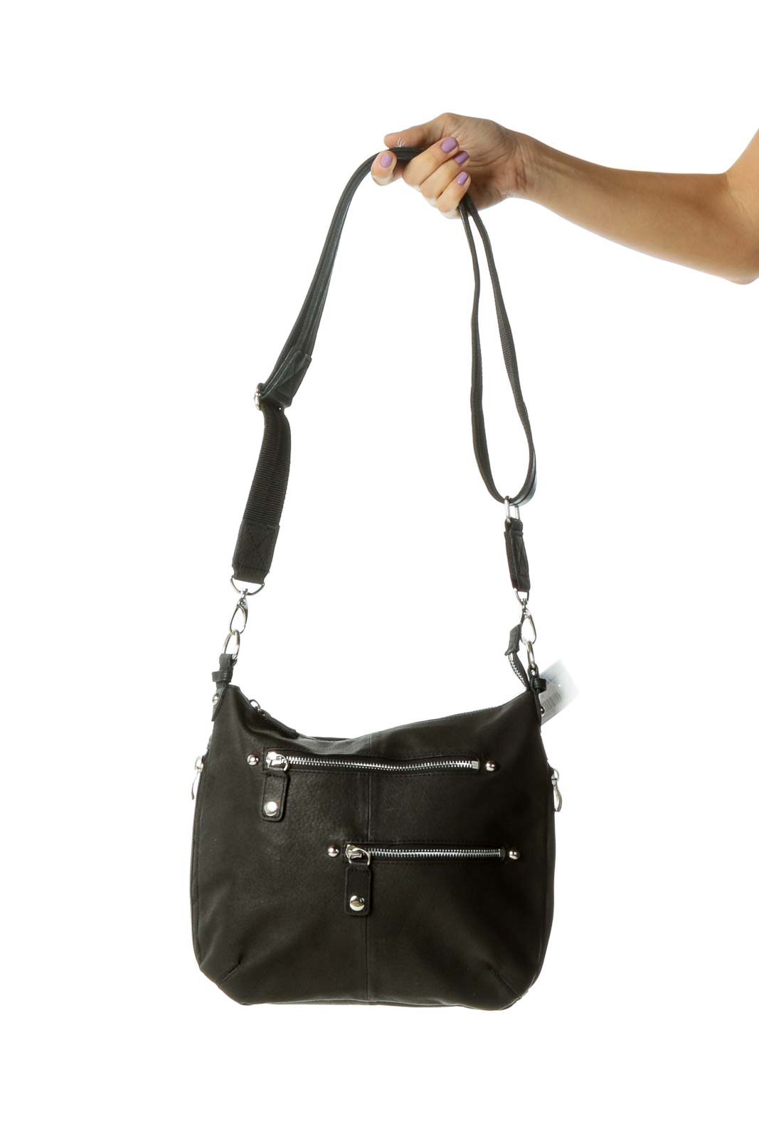 Black Leather Zippered Crossbody Bag Front