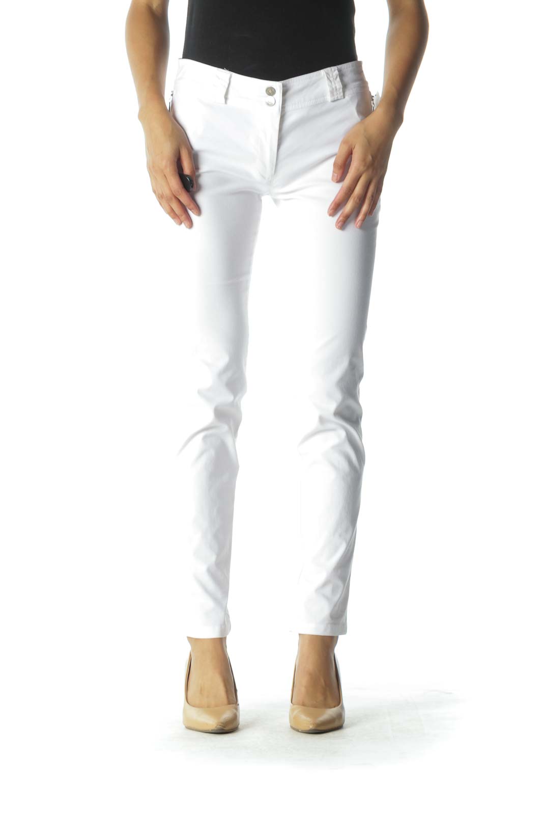 White Zippered Pockets Slim-Fit Pants Front