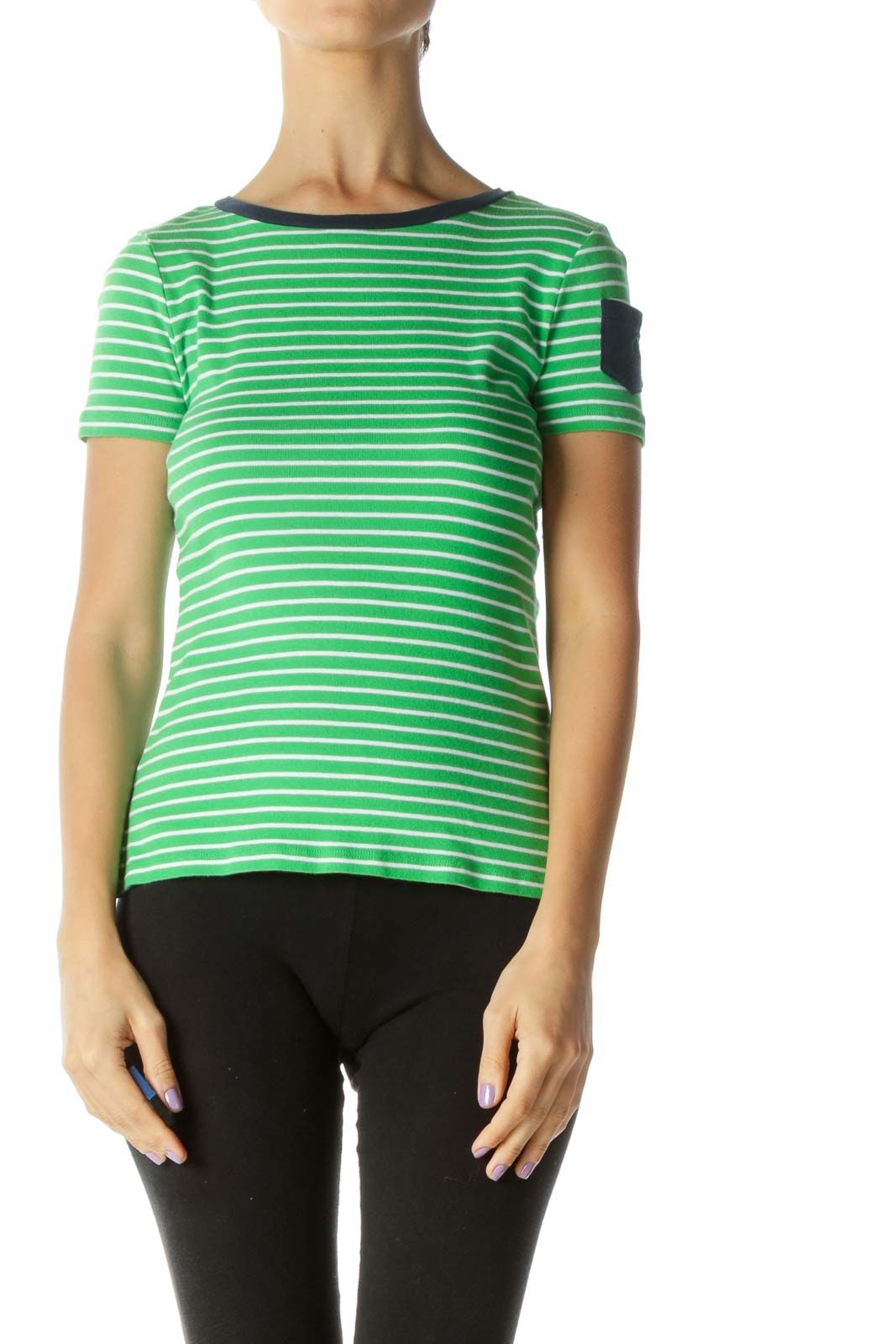 Green Blue White Striped Pocket T-Shirt Front