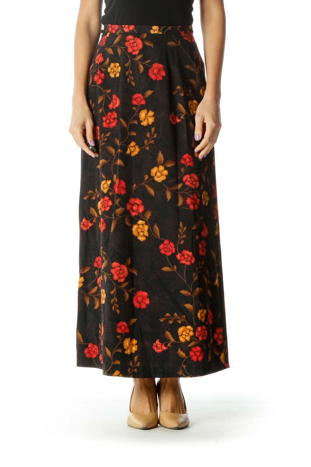 Black Orange Floral Maxi Skirt  Front