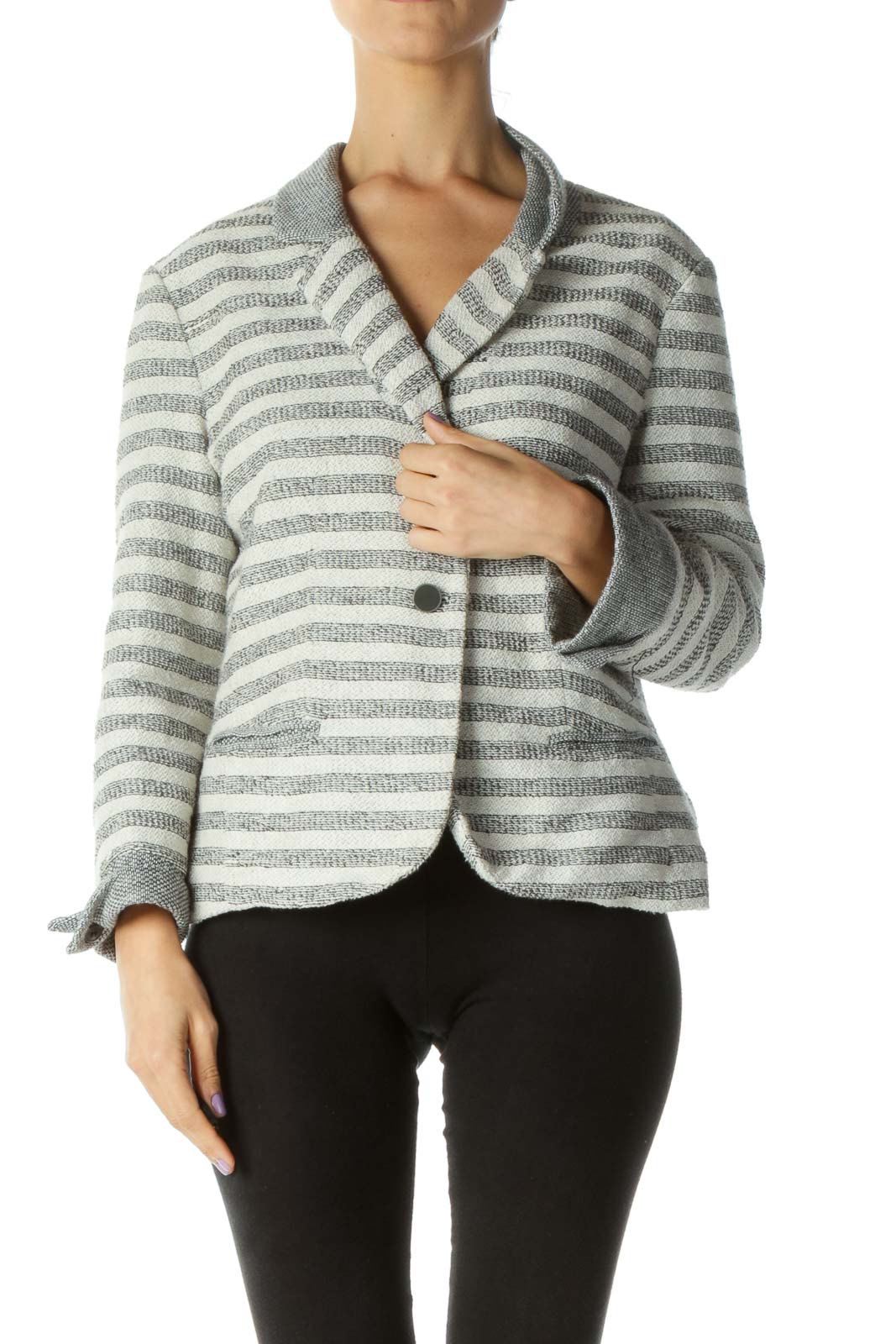 Cream and Gray Striped Knit Blazer Front