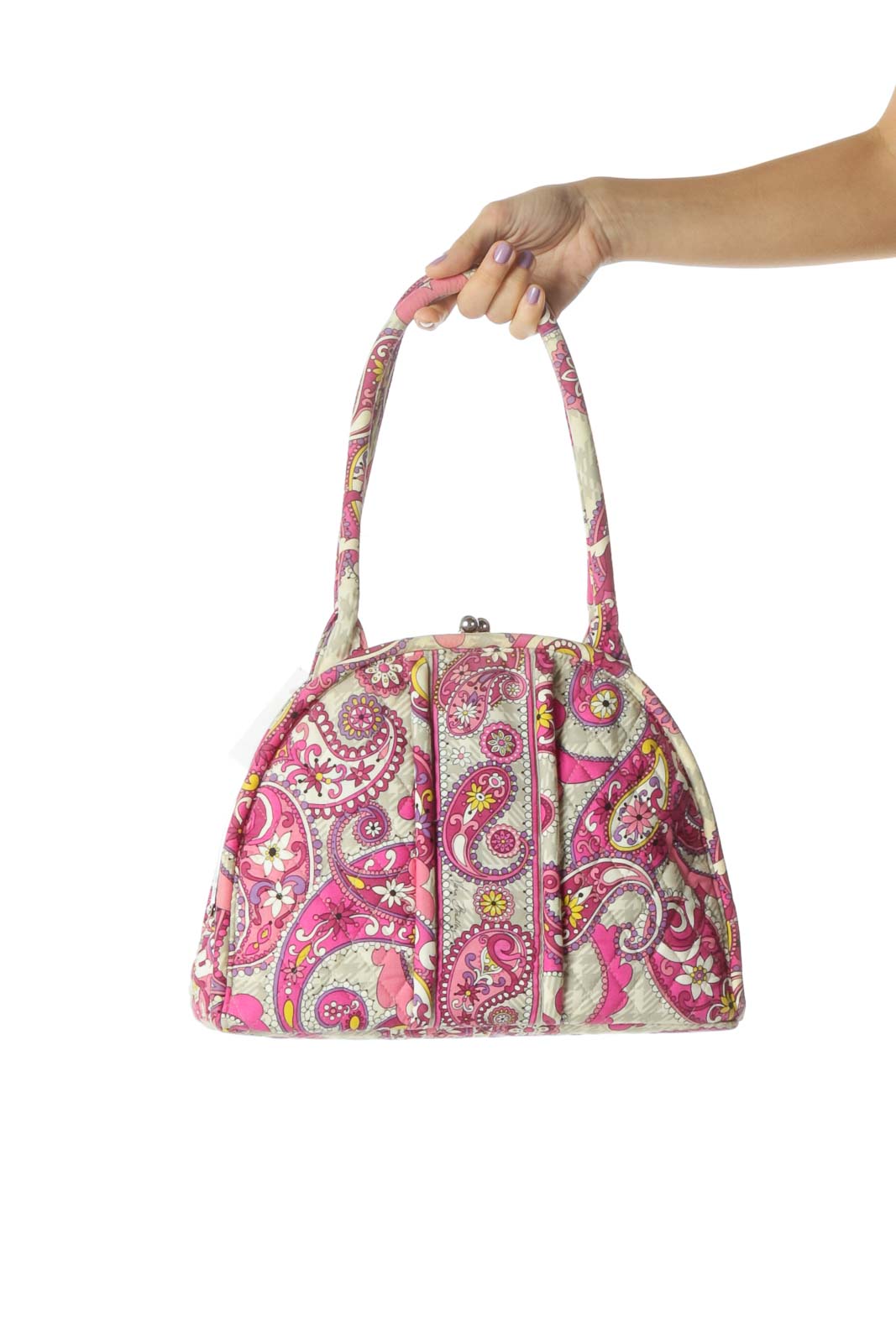Pink Paisley Print Quilted Bag Front