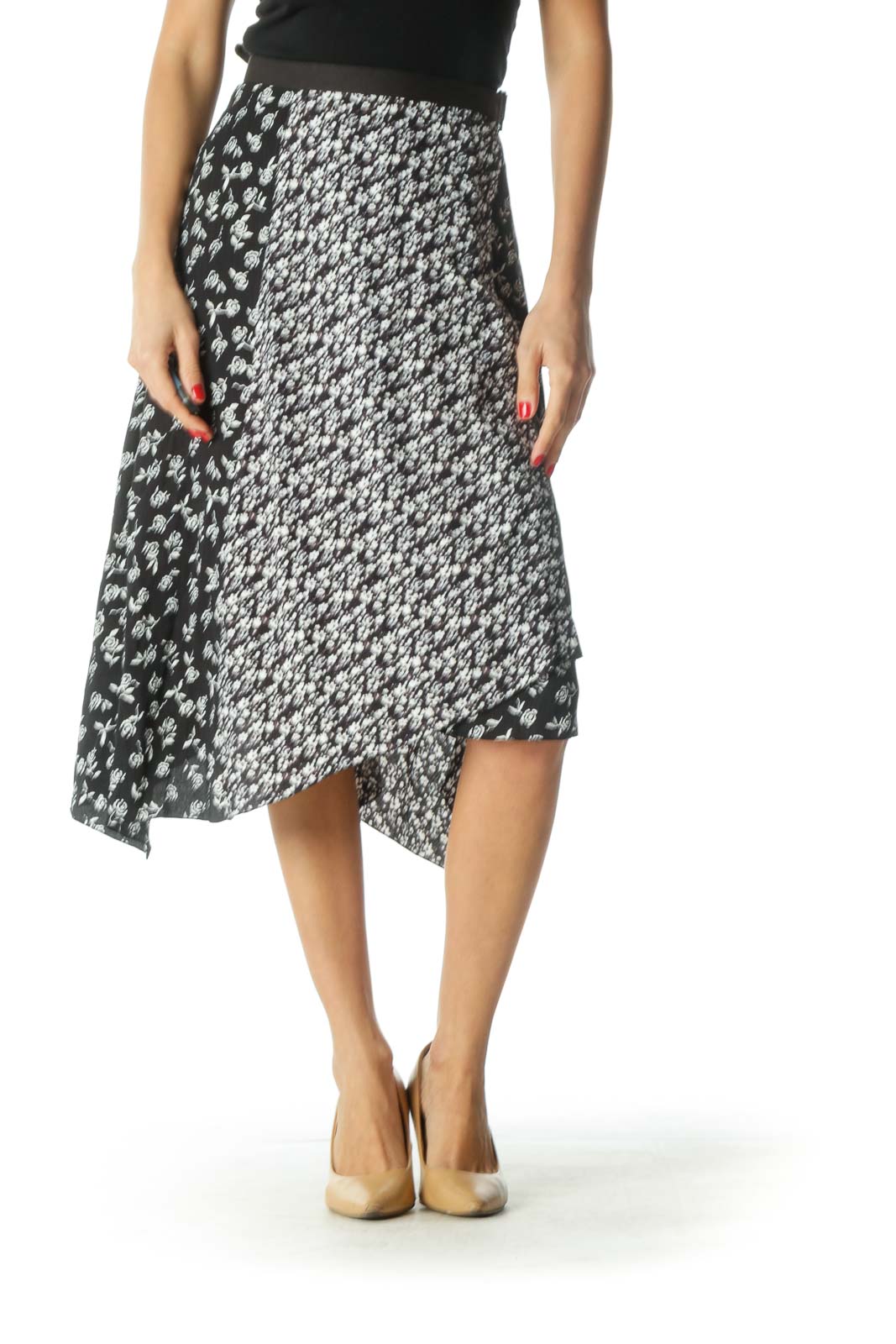 Black and White Floral Print Asymmetrical Skirt Front