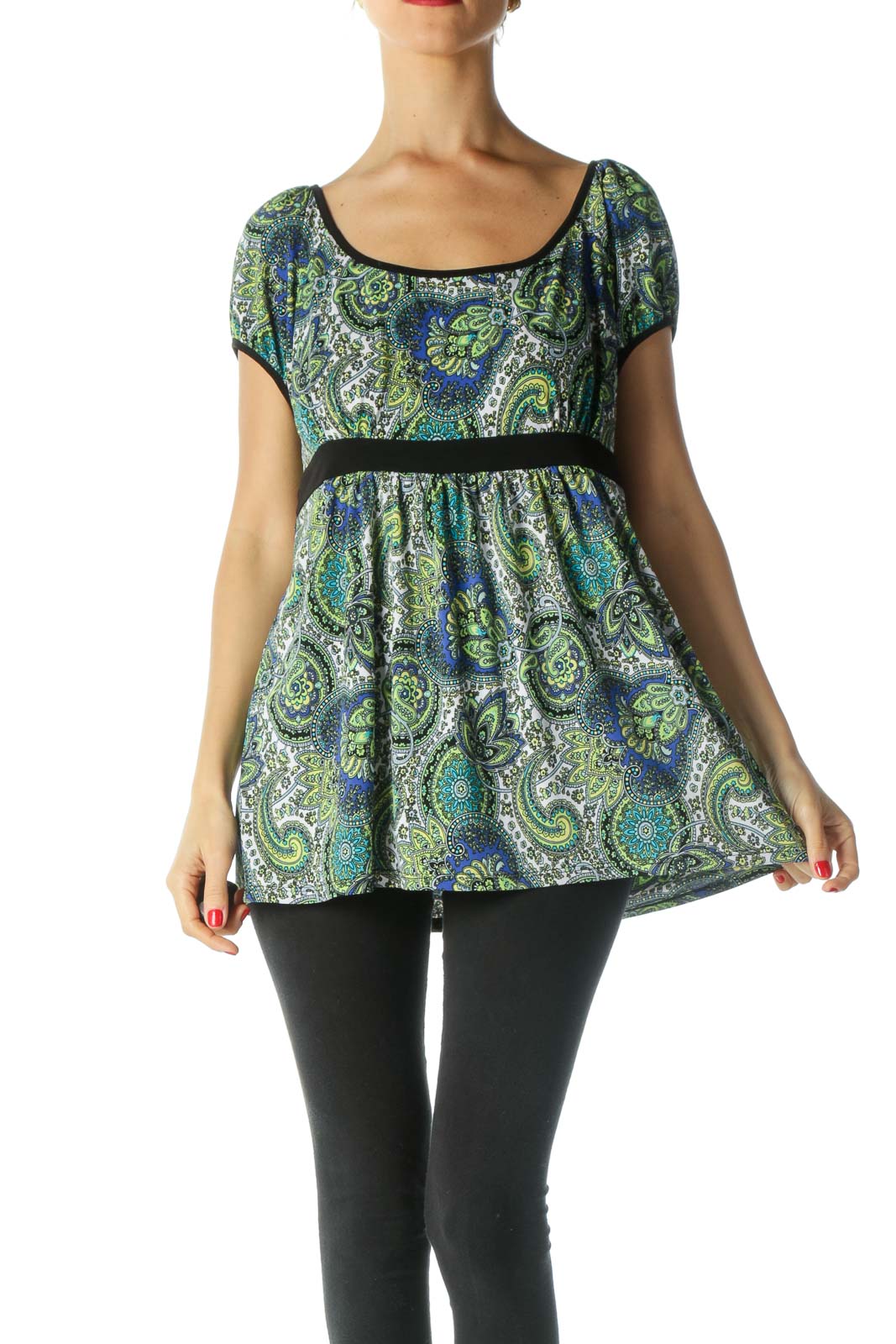 Green Paisley Short Sleeve Top  Front