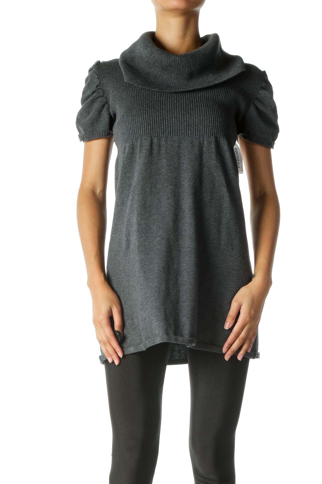 Gray Sweater-Knit Short Sleeve Dress Front