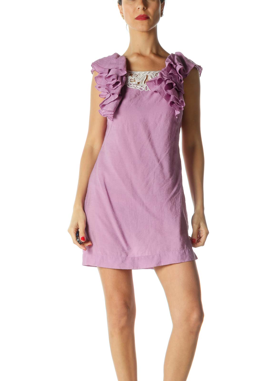 Purple White Ruffled Knit Detail Day Dress Front