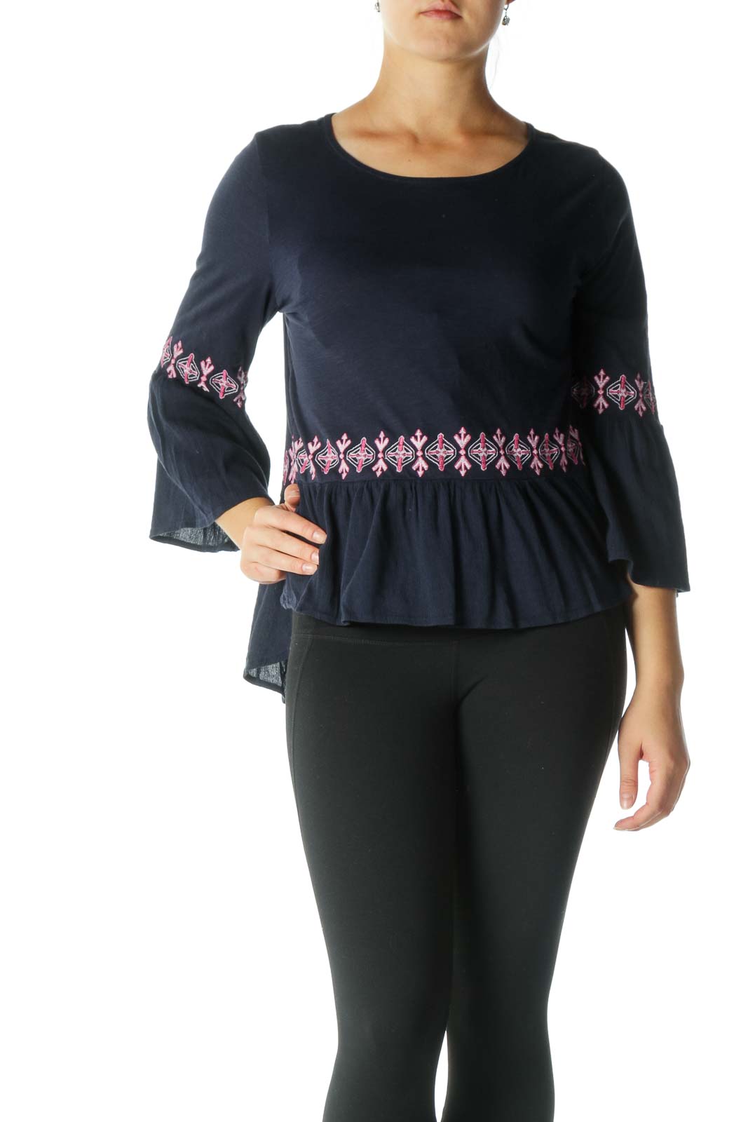 Blue Pink Embroidered Flared Sleeves Top Front