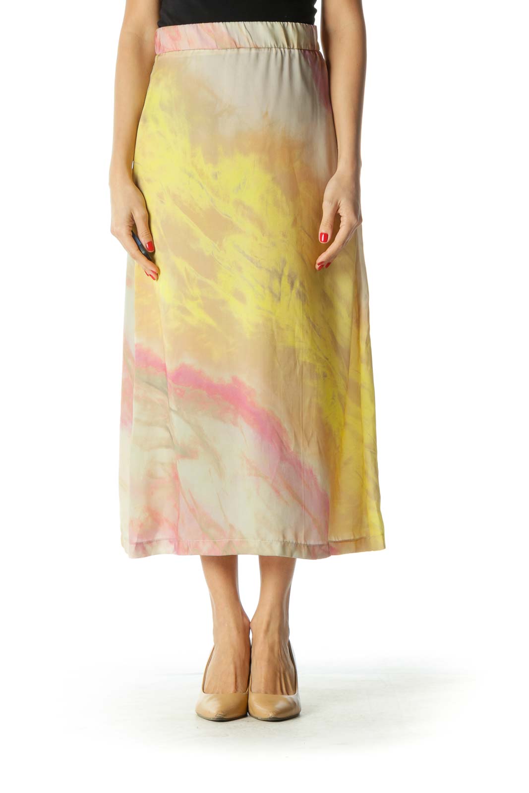 Brown Pink and Yellow Flared Skirt Front