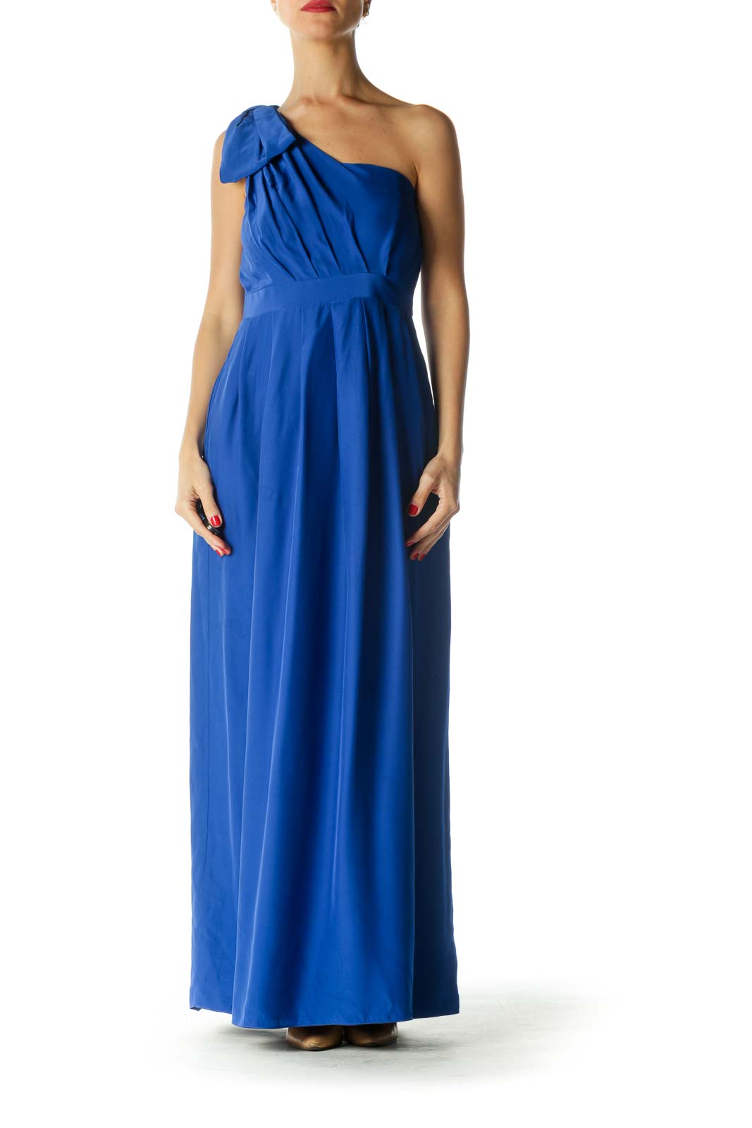 Blue 100% Silk One-Shoulder Bow Detail Dress Front
