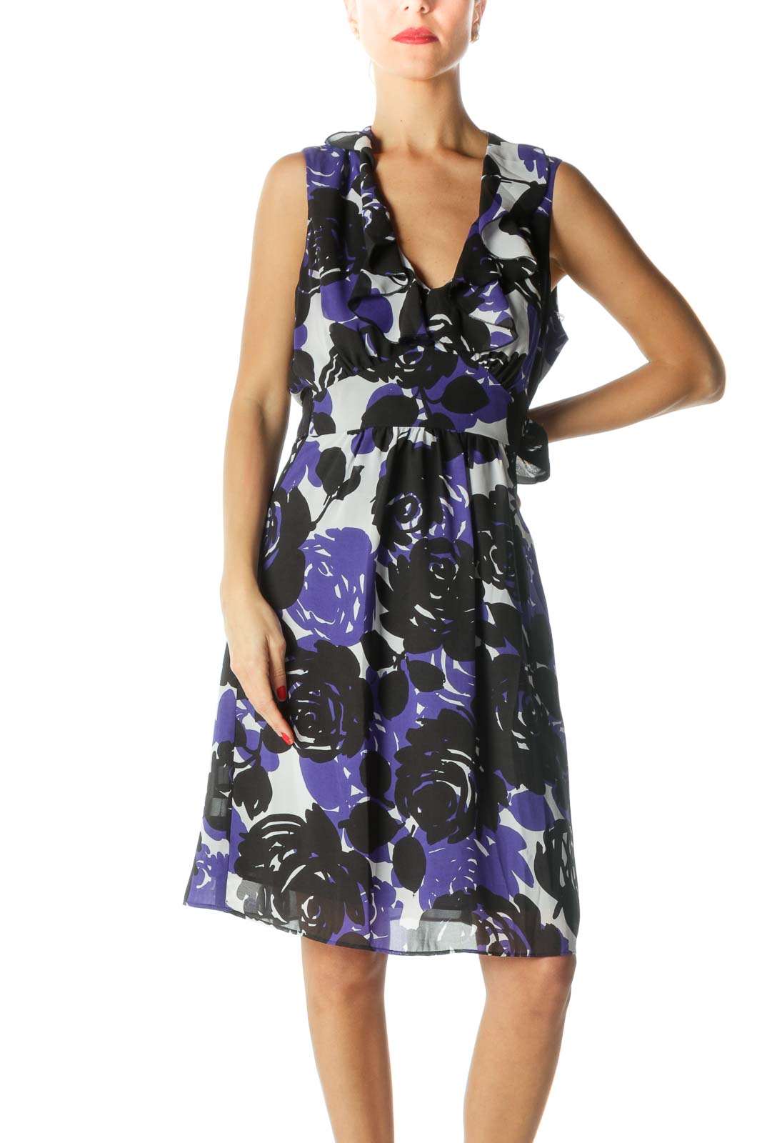 Blue Black White V-Neck Floral Print Flared Dress Front