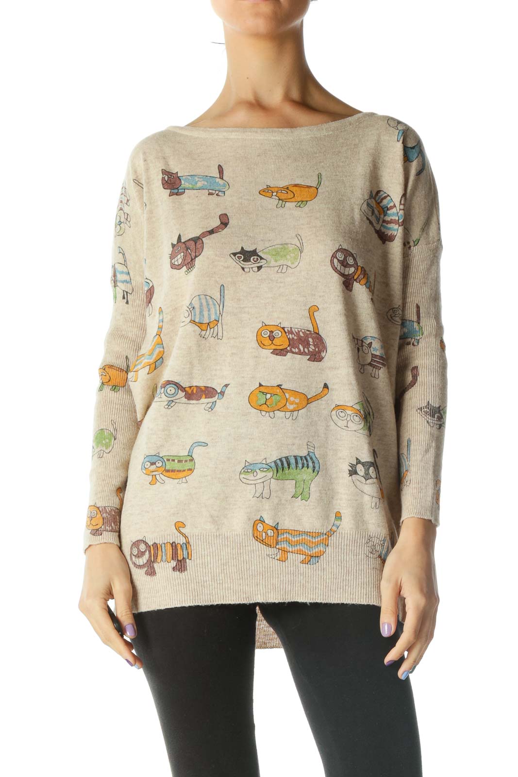 Brown Cat Print Long-Sleeve Top Front