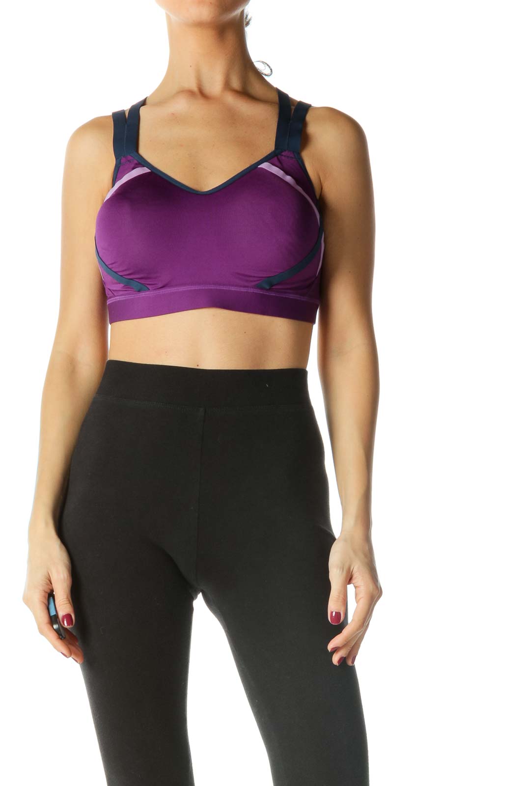 Blue and Purple Strappy Back Sports Bra Front