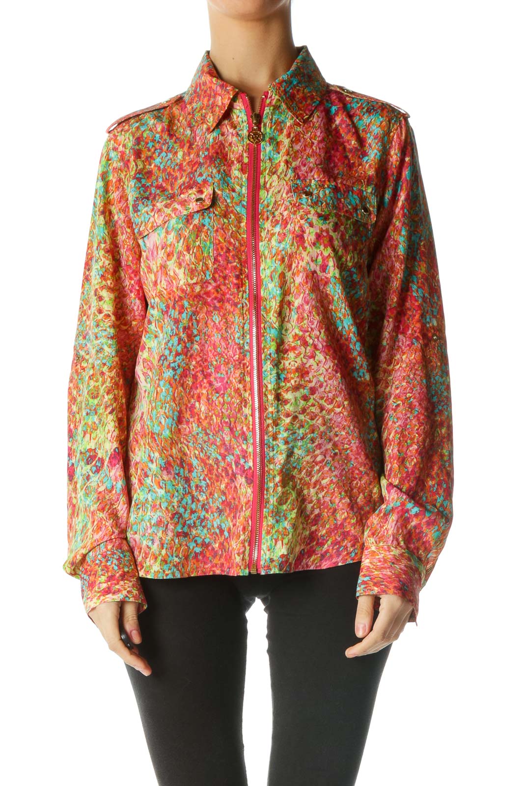 Multicolored Gold Zippered Shirt Front
