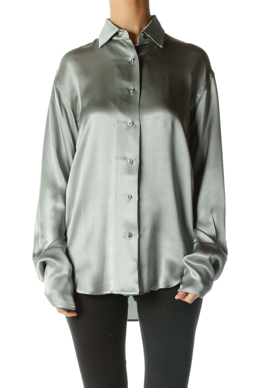 Silver Silk Button Down Shirt Front
