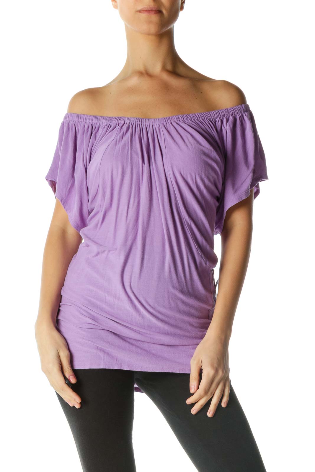 Purple Cold-shoulder Short Sleeve Shirt Front