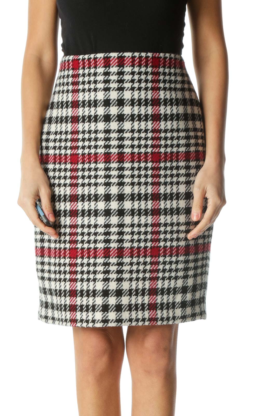 Black Burgundy and White Houndstooth Print Pencil Skirt Front