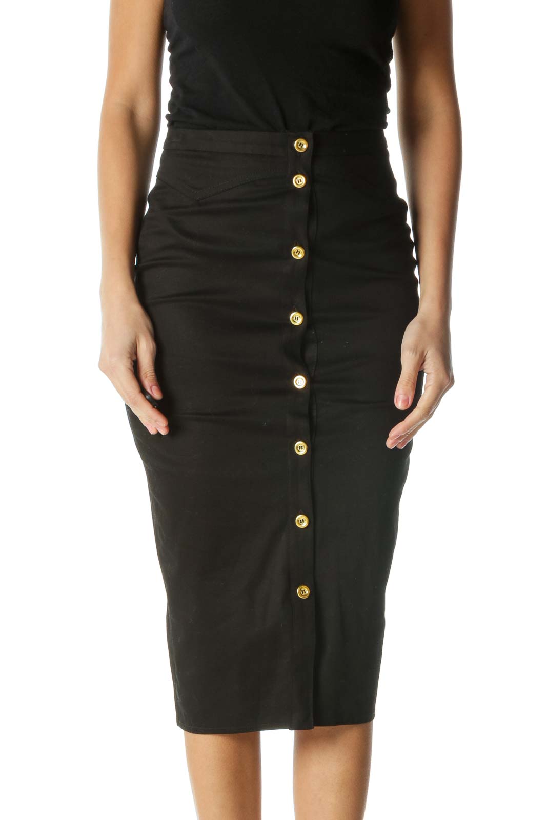 Black Pencil Skirt with Gold Buttons Front