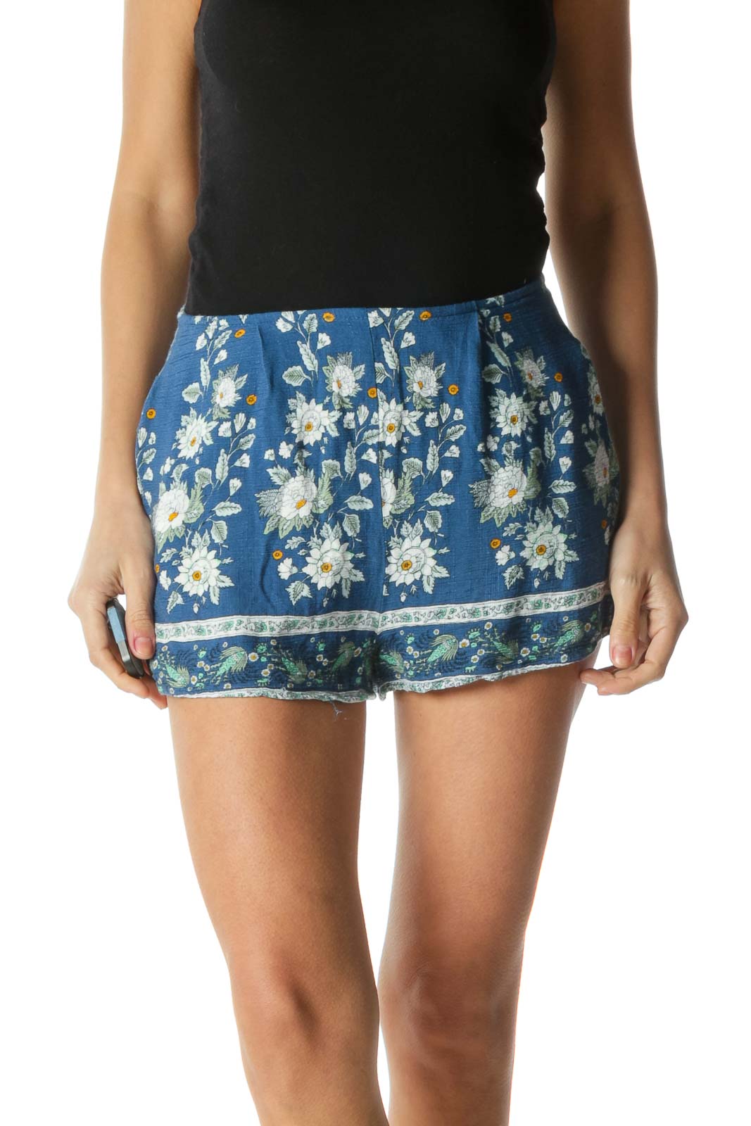 Blue Multicolor Floral Print Shorts Front