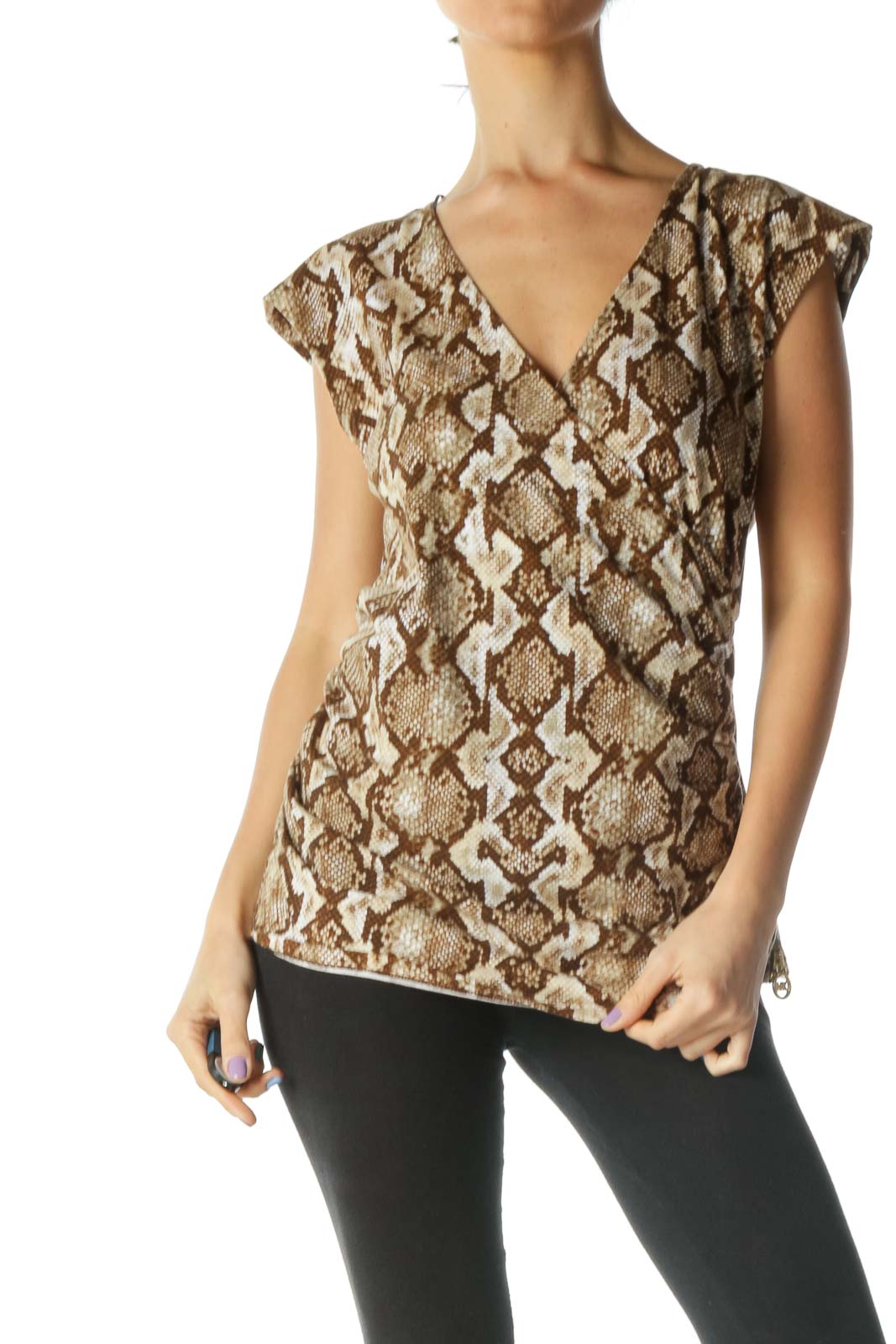 Brown and Beige Wrap Snake Print Shirt Front