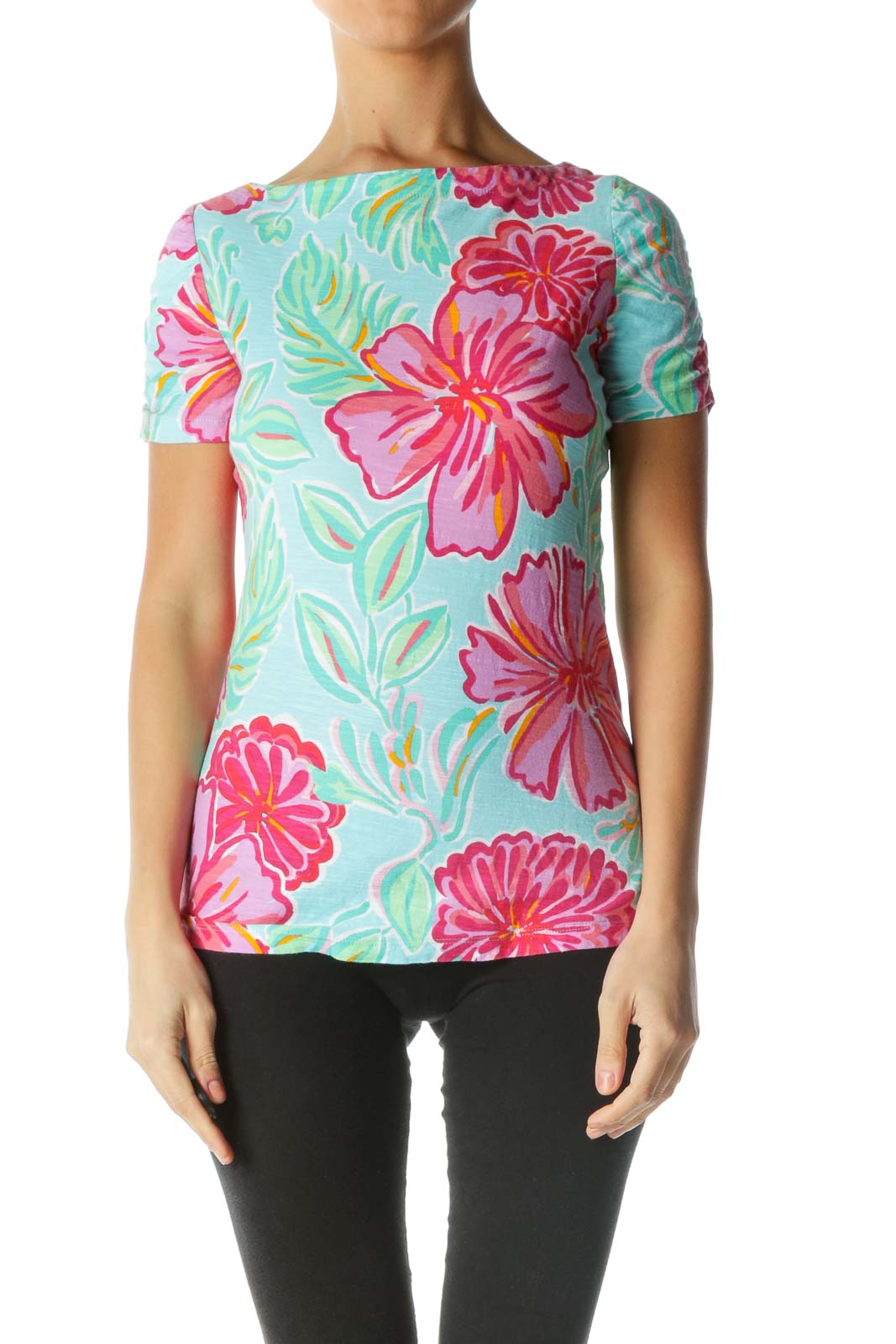 Pink Blue Orange 100% Cotton Floral Print T-Shirt Front