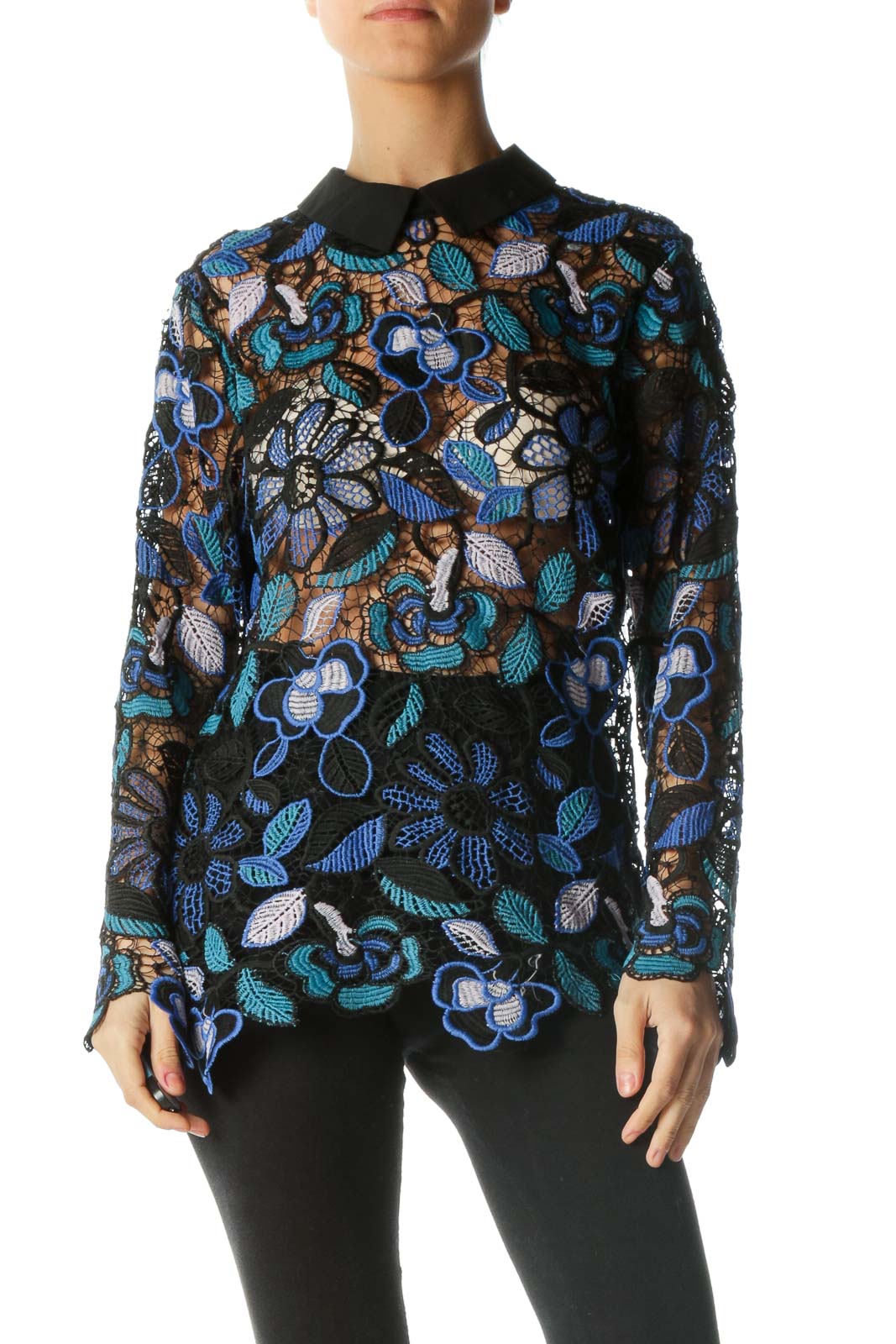Black Blue See-Through Floral Knit Shirt Front