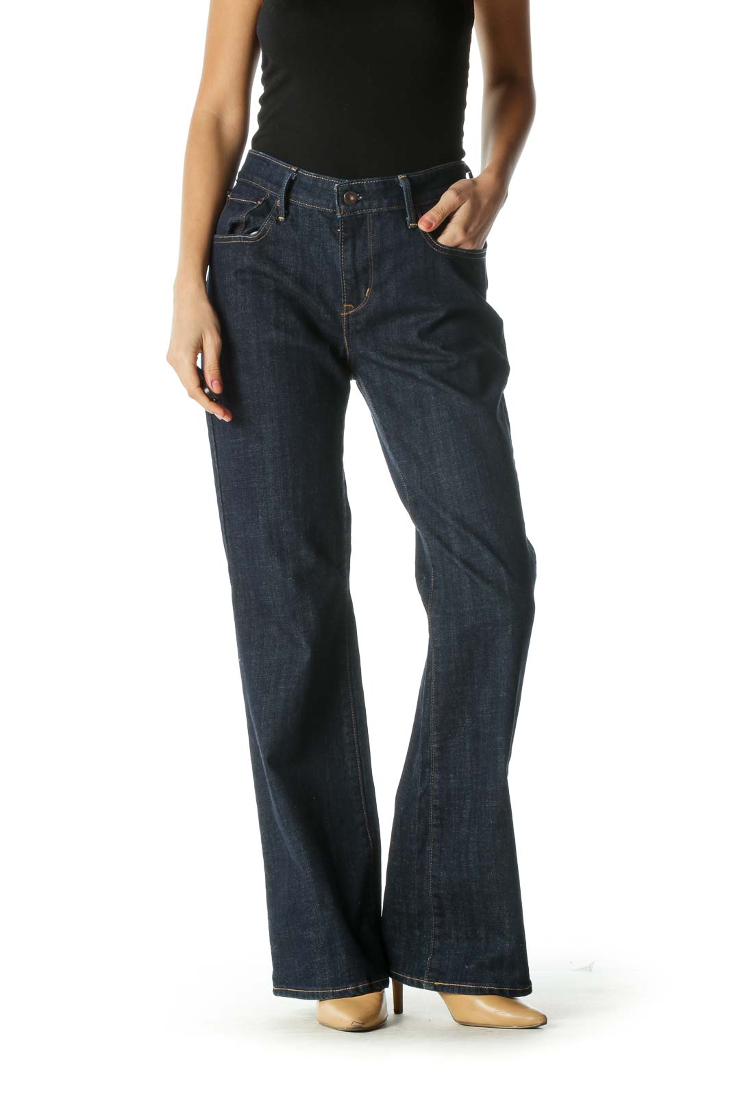 Blue Dark Wash Wide Boot Cut Jeans Front